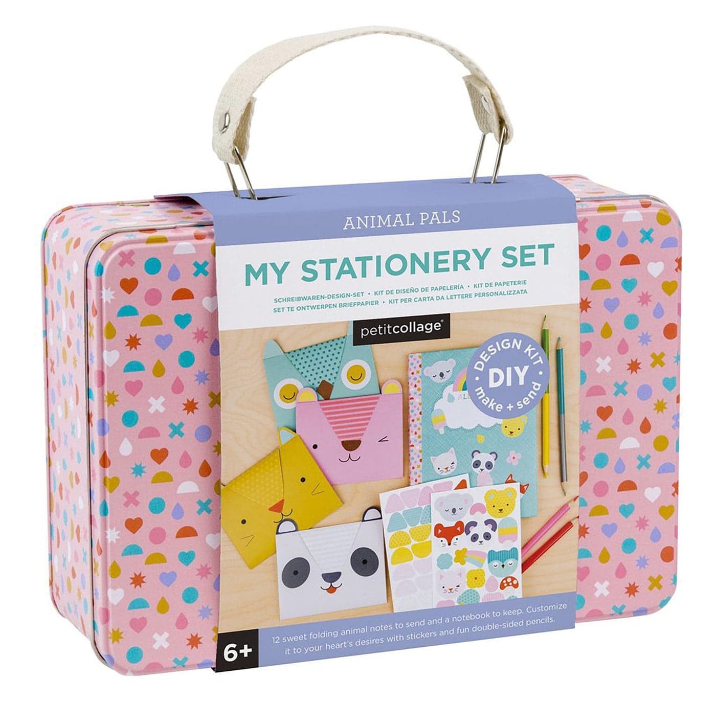 Petit Collage DIY Arts and Crafts Kit Stationery Design Craft Kit for Kids Includes 12 Animal Notecards 1 Blank Journal 2 Sticker Sheets 4 Colored DoubleSided Pencils Instructions