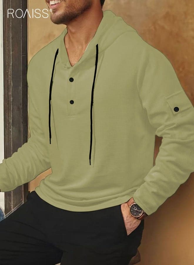 Men's Lightweight Hooded Sweatshirt Casual Long Sleeve Design with Button Placket and Drawstring Hood, Ribbed Cuffs for Comfort, Sporty Style for Spring and Fall Seasons