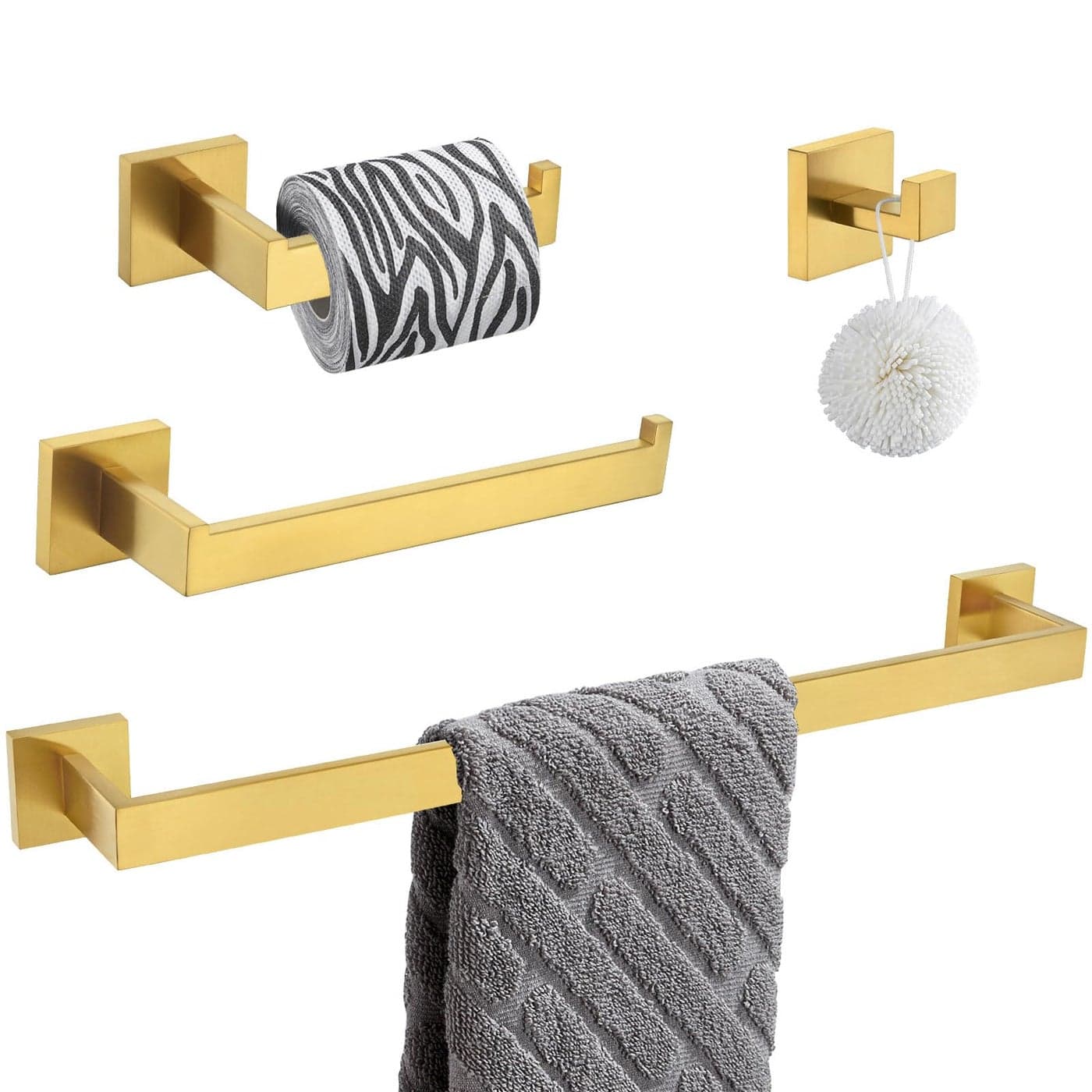 Bathroom Hardware Set 4Piece Angle Simple SUS304 Stainless Steel Bath Accessory Kit Bathroom Fixture Set with Robe Hook Toilet Paper Holder Towel Holder and Towel Bar Brushed Gold