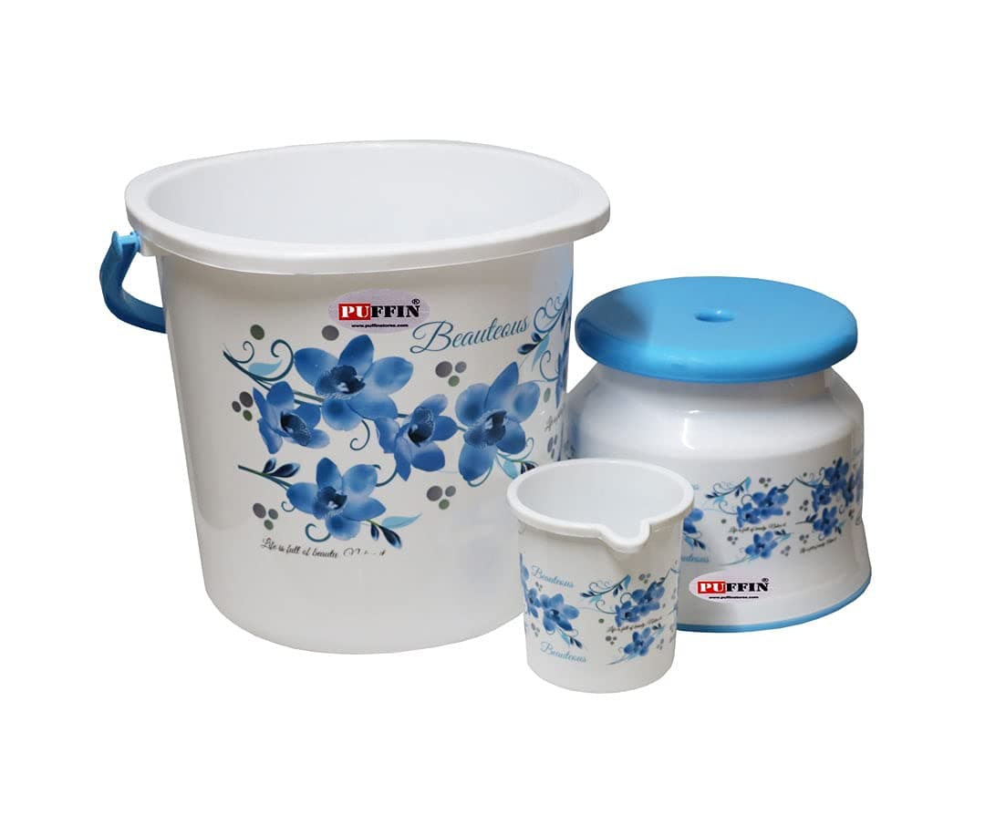 Puffin Square 3 Pcs Bathroom Set in Bucket 25L+Mug 1.5L + Stool