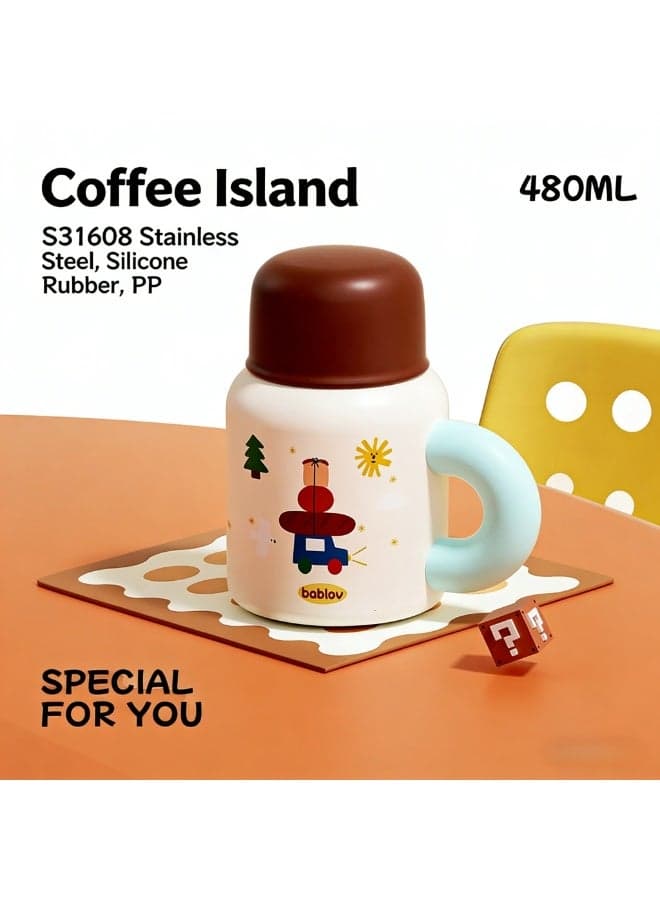 Coffee Island Insulated Water Bottle - 480ml, SUS31608 Stainless Steel, 3-in-1 Lid with Straw & Cup, Leakproof Vacuum Thermos for Kids & Adults