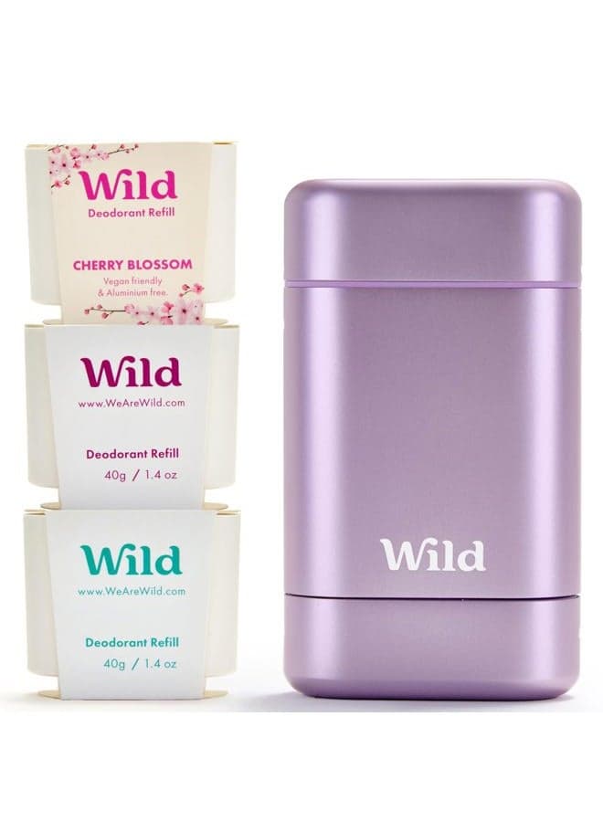 Purple Case with Refill Variety Pack - Refillable Deodorant - Aluminum Free - Includes Fresh Cotton & Sea Salt, Cherry Blossom and Coconut & Vanilla Scents - Vegan