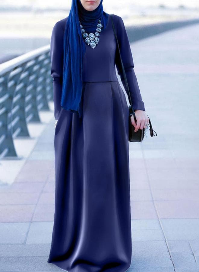 Blue Pleated Long Sleeve Maxi Dress