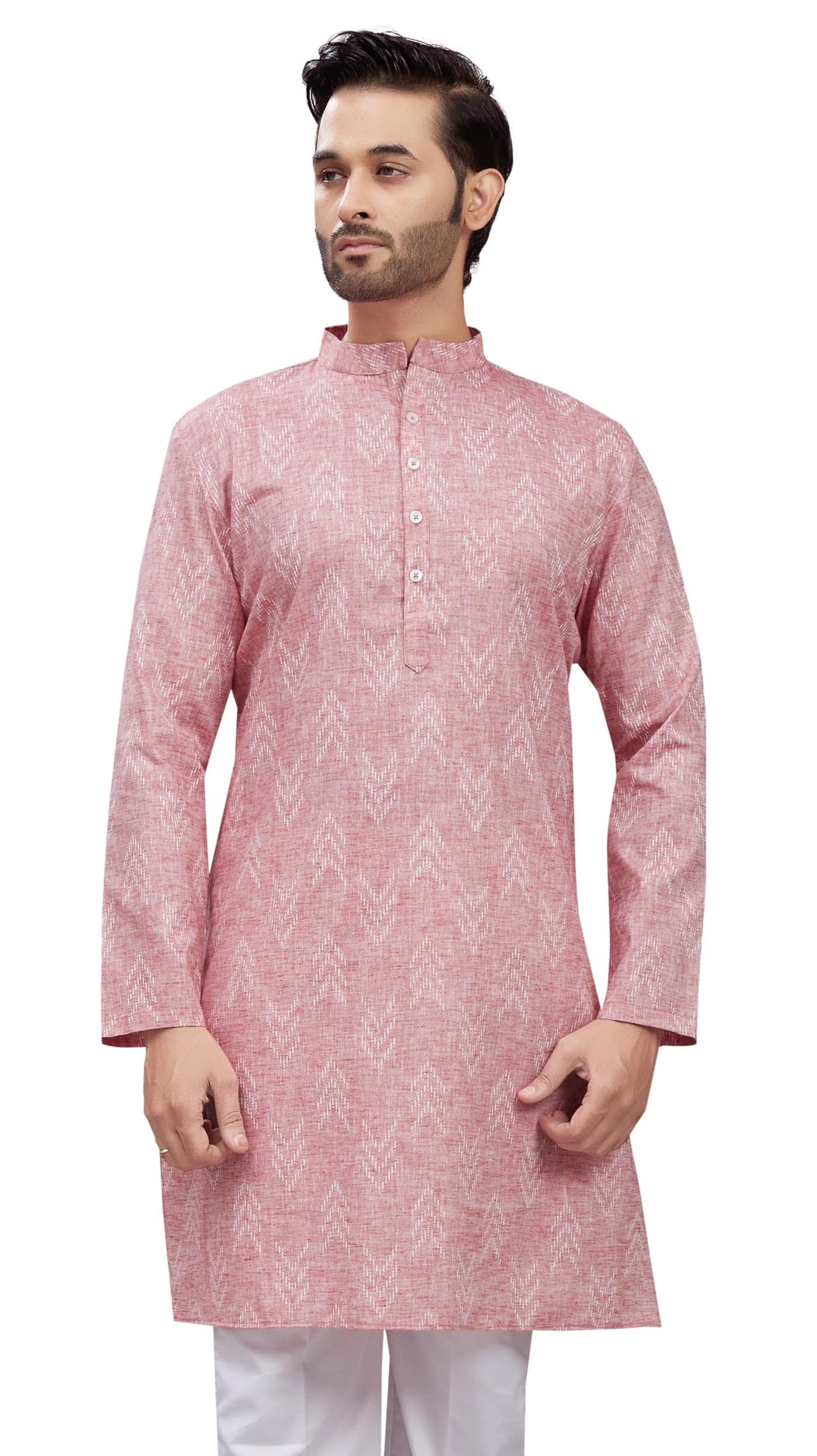 Studio Shringaar Men's Cotton Blend Relaxed Fit Ikat Printed Knee Length Kurta (Ligth Pink, 2XL)