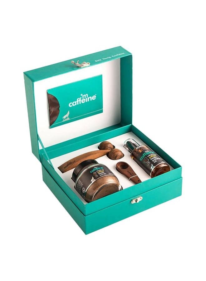 mCaffeine Coffee De-stress Gift Kit for Unisex - 4 Pc 3.38oz Naked and Raw Coffee Body Polishing Oi, 3.5oz Naked and Raw Body Scrub - Coconut, Brew Scoop, Wooden Massager