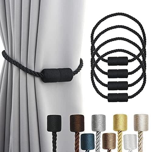 Porlau 4 Pack Strong Magnetic Curtain Tiebacks Outdoor Elegant Decorative Tie Backs Modern Rope Tiebacks for Drapes Window Curtain Holdbacks for Draperies Black