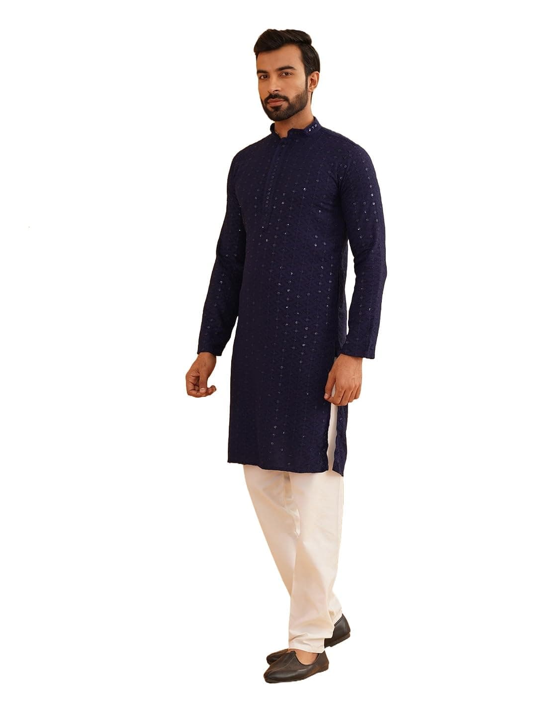 SOJANYA (Since 1958 Men's Sequinned Embroidered Navy Blue Cotton Kurta and White Pyjama Set