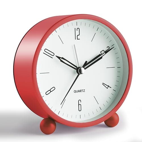 Analog Alarm Clock, 4 inch Super Silent Non Ticking Small Clock with Night Light, Battery Operated, Simple Design, Old Fashioned Style Wine-red Decor, for Bedroom, Bedside, Desk, Adult, Kid, Gift, Red