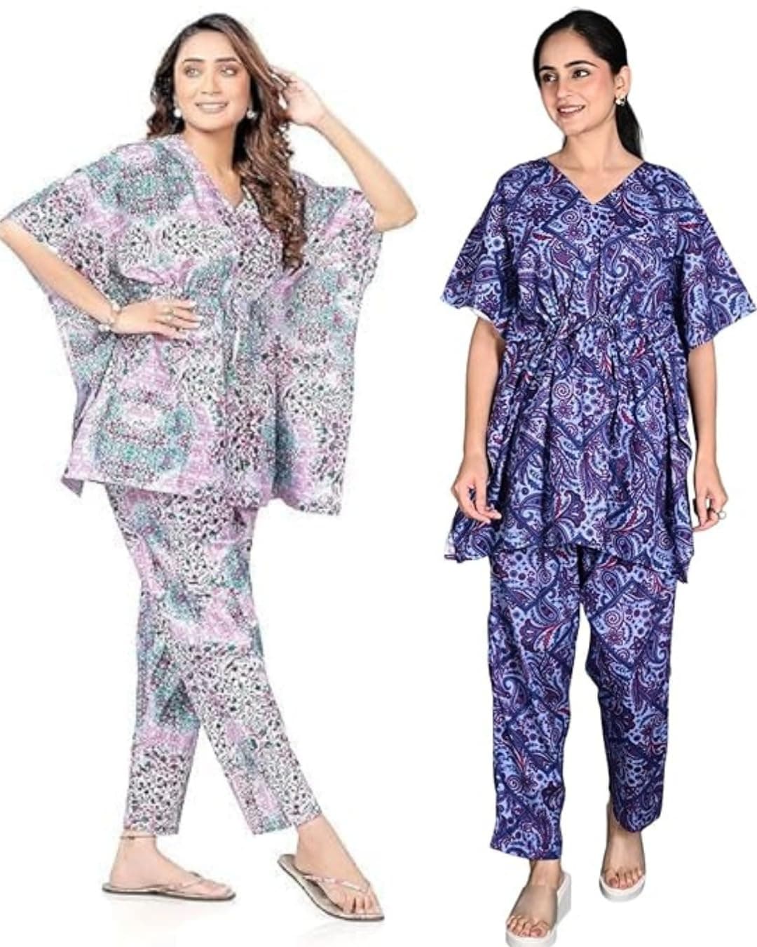 Vlazom Women's 100% Cotton Printed Kaftan & Pyjama Set – Combo Pack of 2 | Free Size Nightwear with Pocket | Soft Cotton Loungewear Co-ord for Women (Green,Blue, Free Size)