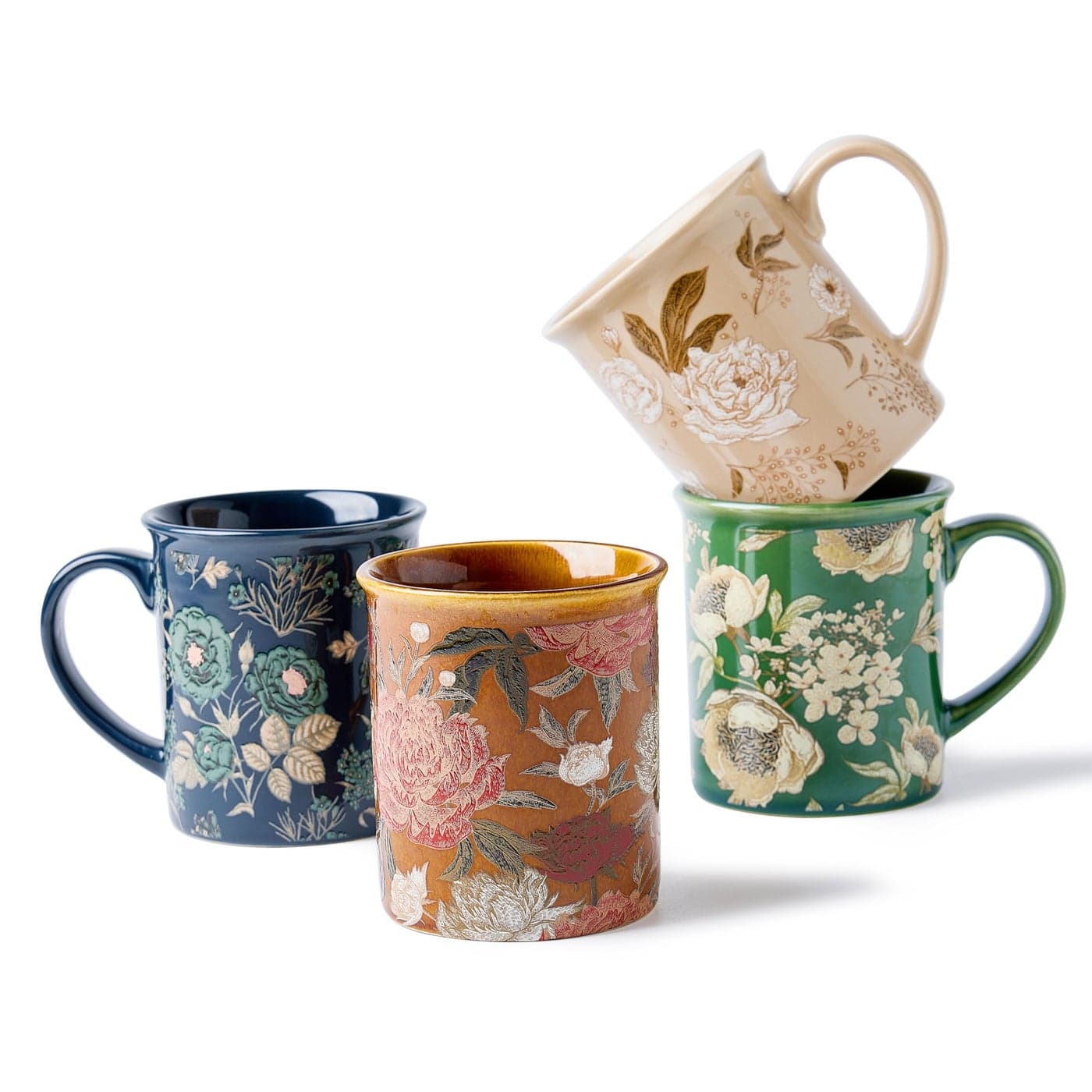 BICETTO Coffee Mugs Set of 4 12oz Ceramic Tea Cups with Floral Design Microwaveable Gift Box Perfect for Cappuccino Latte Hot ChocolateTazas Para Caf Bonitas Royal Bloom