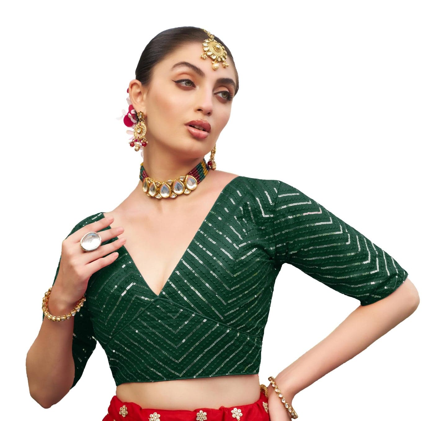 Pujia Mills Womens Fancy Readymade Half Sleeve Sequins Saree Blouse (Green, 32)