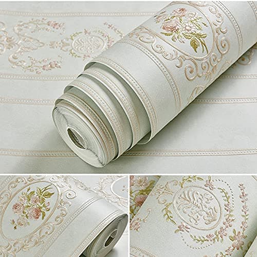 Q QIHANG SelfAdhesive NonWoven Wallpaper Simple European Style 3D Embossed Damask AB Version Wallpaper Living Room Bedroom Bedside TV Background Wall 2087 Wx23622 L Peel and Stick Light Blue B