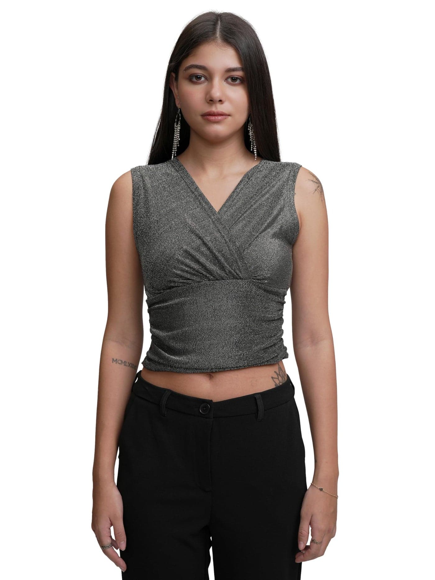 Tokyo Talkies Women's Shimmer Sleeveless Crop Top | Cinched Waist for A Glam & Flattering Fit | Tops for Woman | Women Tops | Stylish Top