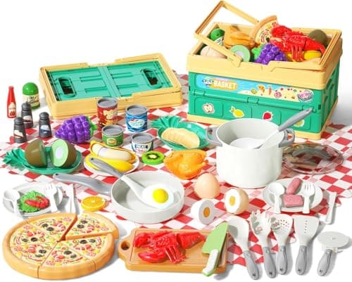 80Pcs Kitchen Playset Toddler Pretend Cooking with Pots Pans Cookware Food Picnic Blanket Fruits Veges Shopping Storage Basket Dessert Learning Gift for Girls Boys White
