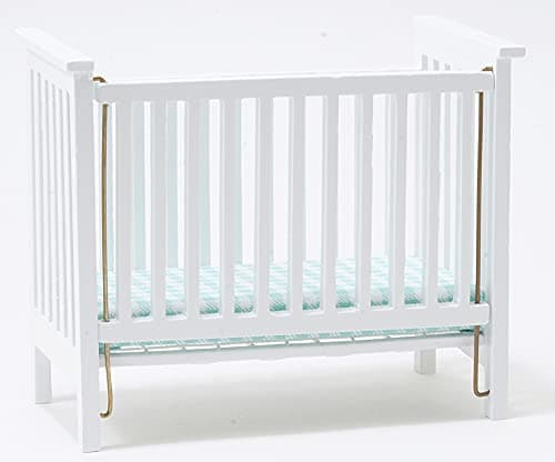 Classics by Handley Dollhouse Miniature White Slatted Nursery Crib with Blue Fabric