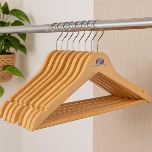 Homestrap Premium Round Bar Wooden Hanger (Pack of 8)| Durable Wooden Garment Hangers with Cut Notches & 360 Degree Swivel Chrome Hook for Hanging Heavy Clothes