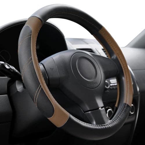 Elantrip Leather Steering Wheel Cover 14 1/2 to 15 inch Universal Padded Soft Grip Breathable for Car Truck SUV Jeep Anti Slip Brown