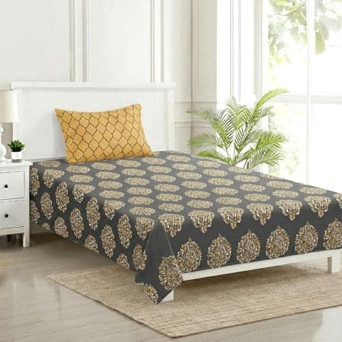 Trance Home Linen 200 TC | 100% Cotton Breathable and Skin Friendly Printed Flat Bedsheet with 1 Pillow Cover(60x100 inch | 5ft x 8.3ft - Damask & Dori - Warm Grey Mustard)
