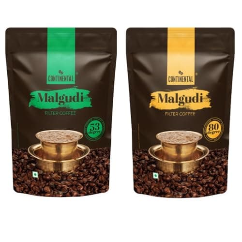 Continental Malgudi Filter Coffee 500gm Pouch Combo | (53% Coffee - 47% Chicory) + (80% Coffee - 20% Chicory) | Traditional South Indian | Freshly Roasted Ground Coffee | 500gm*2-1KG