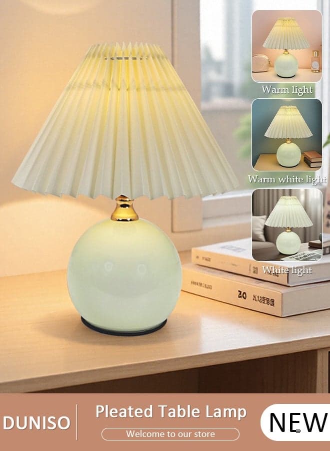 Modern Nordic style Small Table Lamp, Ceramic Bedside Desk Lamps with Beige Lampshade Wrinkles,Nightstand Lamps with USB Dimming Switch,Suitable for Bedroom,Living Room,Cafe,Bulb