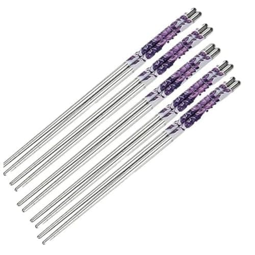 Karomouj KMA683 5 Pair Stainless Steel Plain Chopsticks Set Reusable Non-Slip Sticks Metal Chopsticks Easy to Use for Dinnerware,Noodles,Sushi (Multicolor,Set of 5)