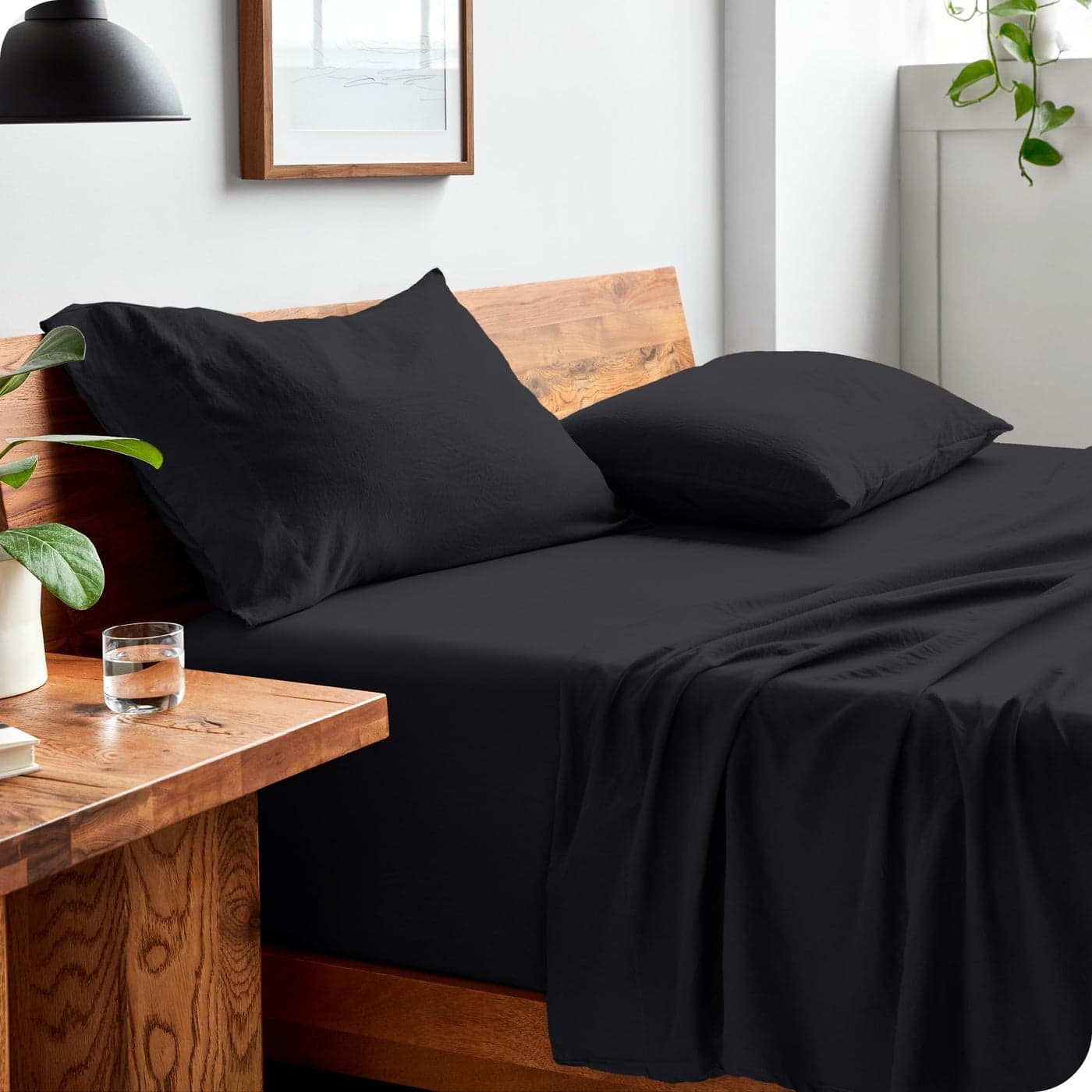 Bare Home Queen Sheet Set Luxury 1800 UltraSoft Stonewashed Microfiber Double Brushed Deep Pockets Easy Fit Breathable Bedding Sheet Sets Pillowcases Queen Black
