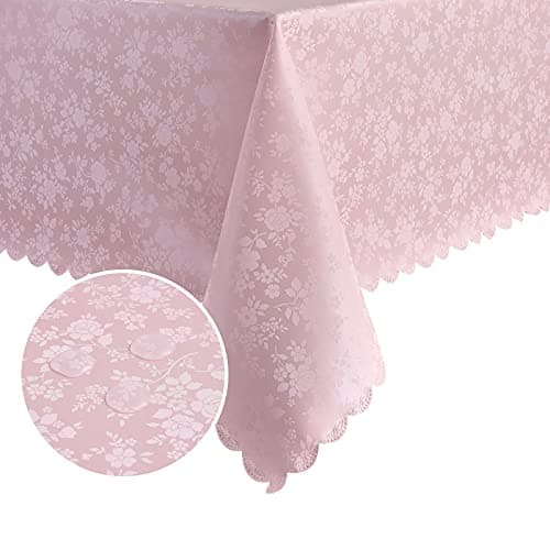 Romanstile Rectangle Vinyl Tablecloth,100% Waterproof Heavy Duty Oil Spill Proof Stain Resistant Plastic PU Table Cover with Flannel Backing for Kitchen, Dining (Rose Pink, 60 x 102)