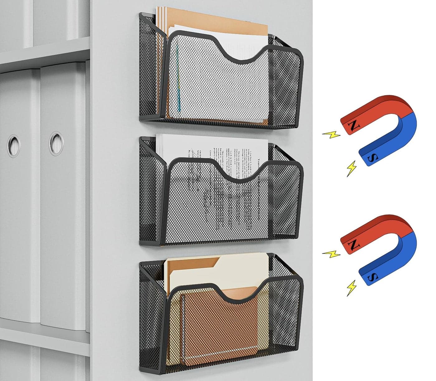 JANE EYRE Magnetic File Holder 3PCS File Paper Mail Organizer No Drilling Magazine Paper Document HolderMagnetic Hanging File Organizer for File Cabinets Office Whiteboard BLACK