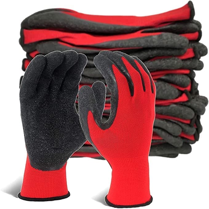 ETSHandPro Reusable Nylon Latex Coated Work Safety Industrial Gloves for Gardening - Cut-Resistant, Stretchable, Free Size (Red-Black)