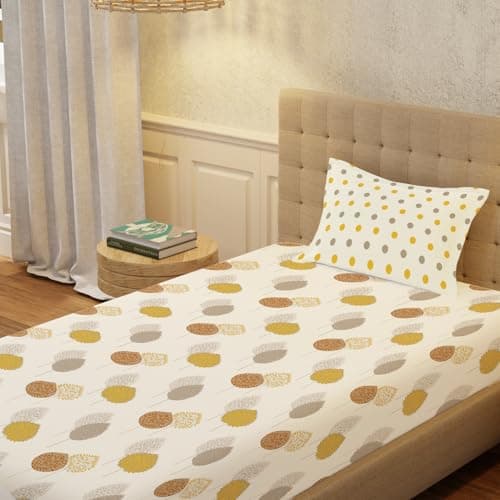 Urban Space Serene 200 TC 100% Cotton Bedsheet For Single Bed With 1 Pillow Cover, Single Bedsheet Floral(Drops Mustard, Size 58 X 90 Inches)