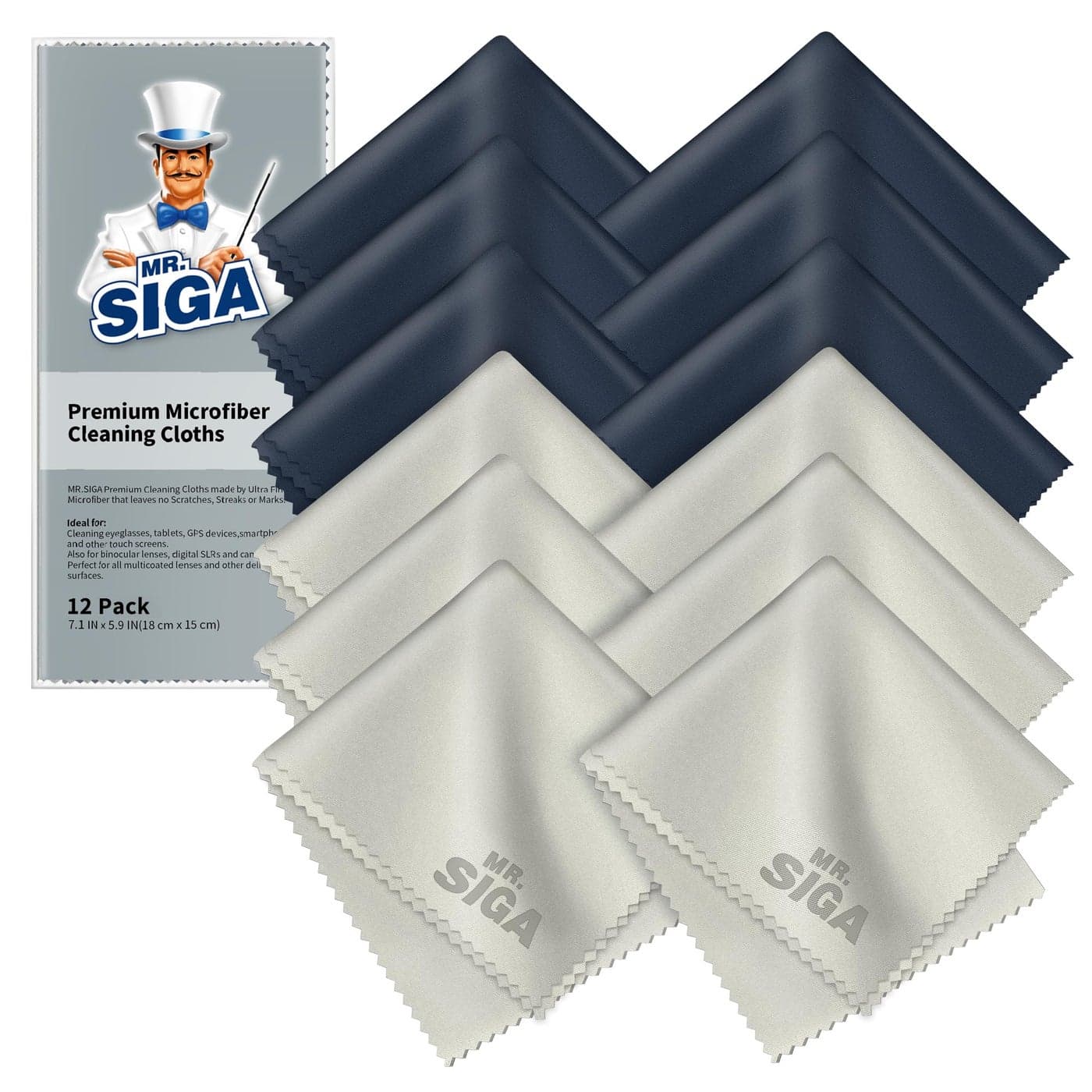 MRSIGA Premium Microfiber Cleaning Cloths for Lens Eyeglasses Screens Tablets Glasses 12 Pack 6 x 7 inches 15 x 18 cm NavyGray
