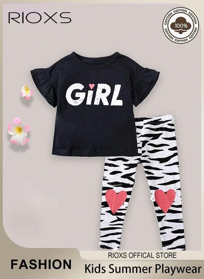 Kids Girls' Top and Pants Set, Little Girls' Short Sleeve Shirt and Long Pants Suits, Short Ruffled Sleeve with Zebra Strip Long Pants, 100% Cotton Breathable Outfits Summer Playwear for Casual, Daily Wear, Indoor and Outdoor, Black and White