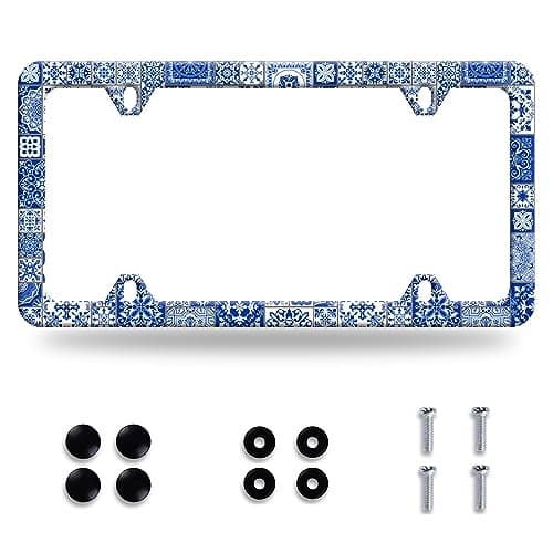 Blue and White Mexican Tiles License Plate Frame Beautiful Boho Mandala Tiles License Plate Stainless Steel Funny Auto Parts Colorful License Plate Decoration Screws Size 123 x 63
