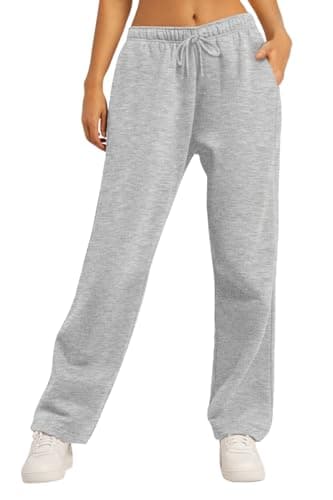AUTOMET Womens Wide Leg Sweatpants Fleece Lined Baggy Straight Leg Lounge Pants Fall Outfits Athletic Joggers with Pockets Grey S