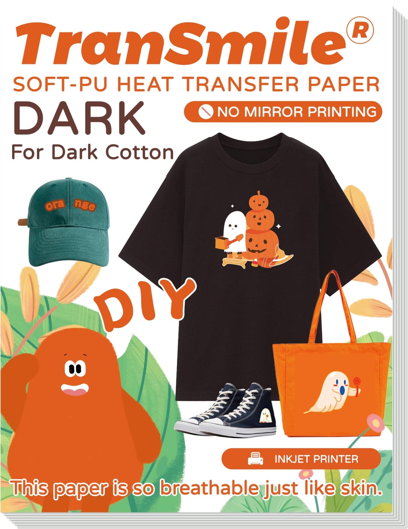 TranSmile PU-Heat Transfer Paper for T Shirts (50 Sheets, 8.5 x 11'') Printable Heat Transfer Vinyl for Dark Fabrics Iron on Transfers for Inkjet Printer (D-50)