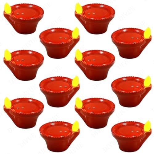 DIVUE Water Sensor Diya Lights Electric Flameless & Smokeless (12 PCS) Diya, Eco-Friendly Led Diyas Candle E-Diya Warm Ambient Lights for Home Decor, Diwali New Year Festivals Decoration(Red Diya 12)