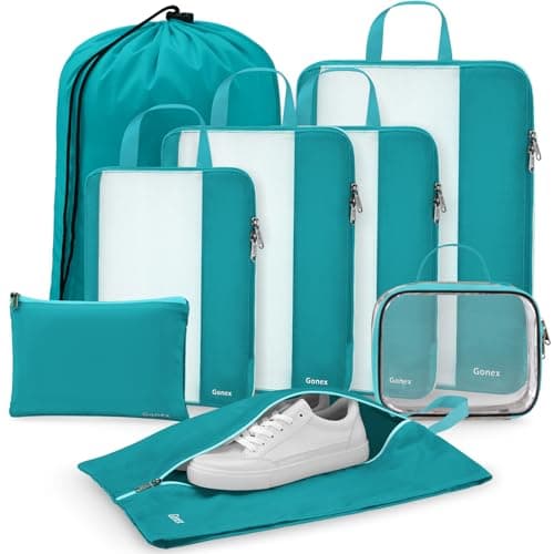 Gonex 8 Set Compression Packing Cubes, Expandable Mesh Organizer for Travel Accessories, Essentials With Toiletry, Laundry, Shoe, Cable Bags for Suitcases, Blue