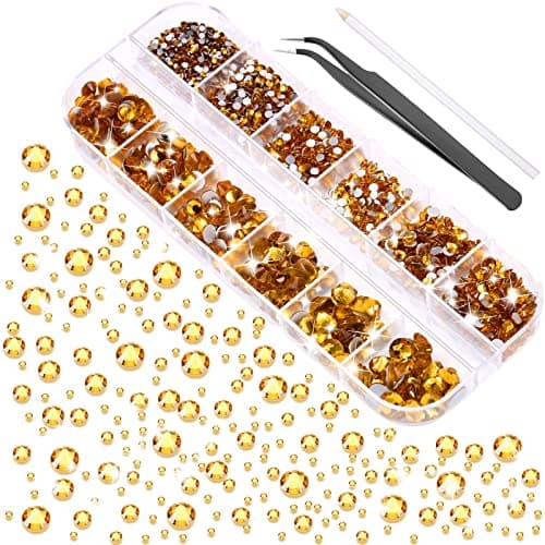 2000 Pieces Flat Back Gems 6 Sizes (1.5-6 Mm) Round Crystal Rhinestones with Pick Up Tweezer and Picking Pen for Crafts, Nail, Clothes, Shoes, Bags, DIY Art (Gold)