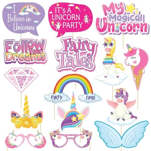 Party Propz Unicorn Theme Photo Booth Props – 15 Pcs Birthday Decorations Kit for Girls with Rainbow and Fairy Tale Theme Designs, Unicorn Birthday Decorations for Girls (Cardstock)