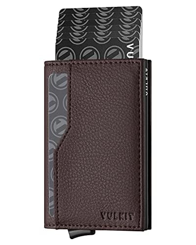 VULKIT Card Holder Wallet with Double ID Windows RFID Blocking Pop Up Wallet Minimalist Design for 12 Cards, Dark Brown