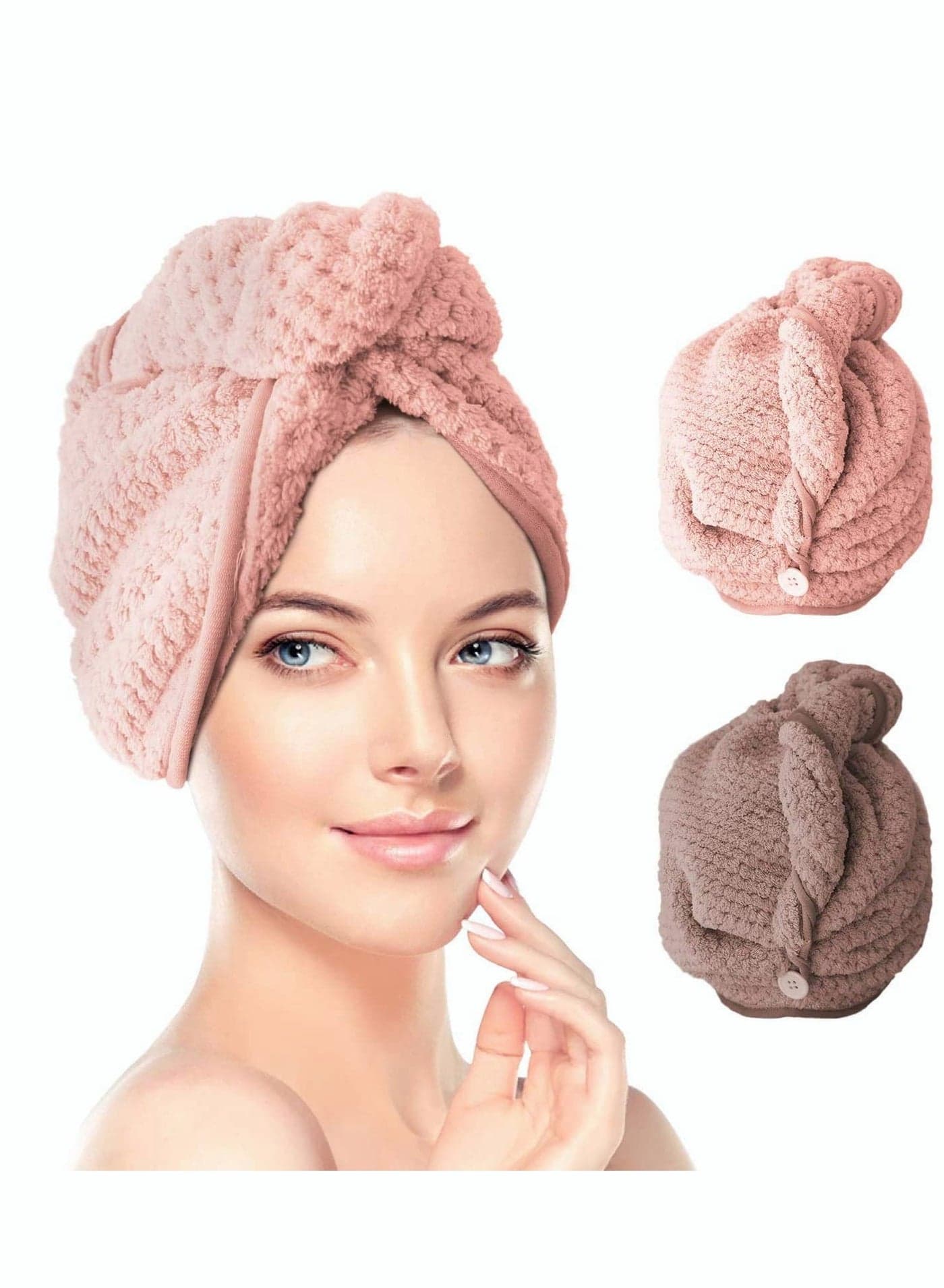 Microfiber Hair Towel Wraps Quick Drying Superfine Fiber Bath Caps for Women - 2 Pack