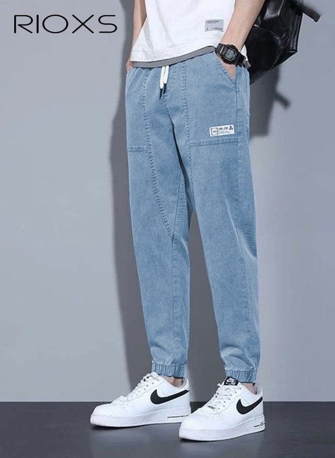 Mens Tapered Denim Pants, Loose Fit Elastic Waist Drawstring Pants for Men, Fashionable Durable Baggy Trousers With 4 Pockets, Comfzy Tapered Jeans for Office/ Daily Wear/ Outdoor Activities, Blue