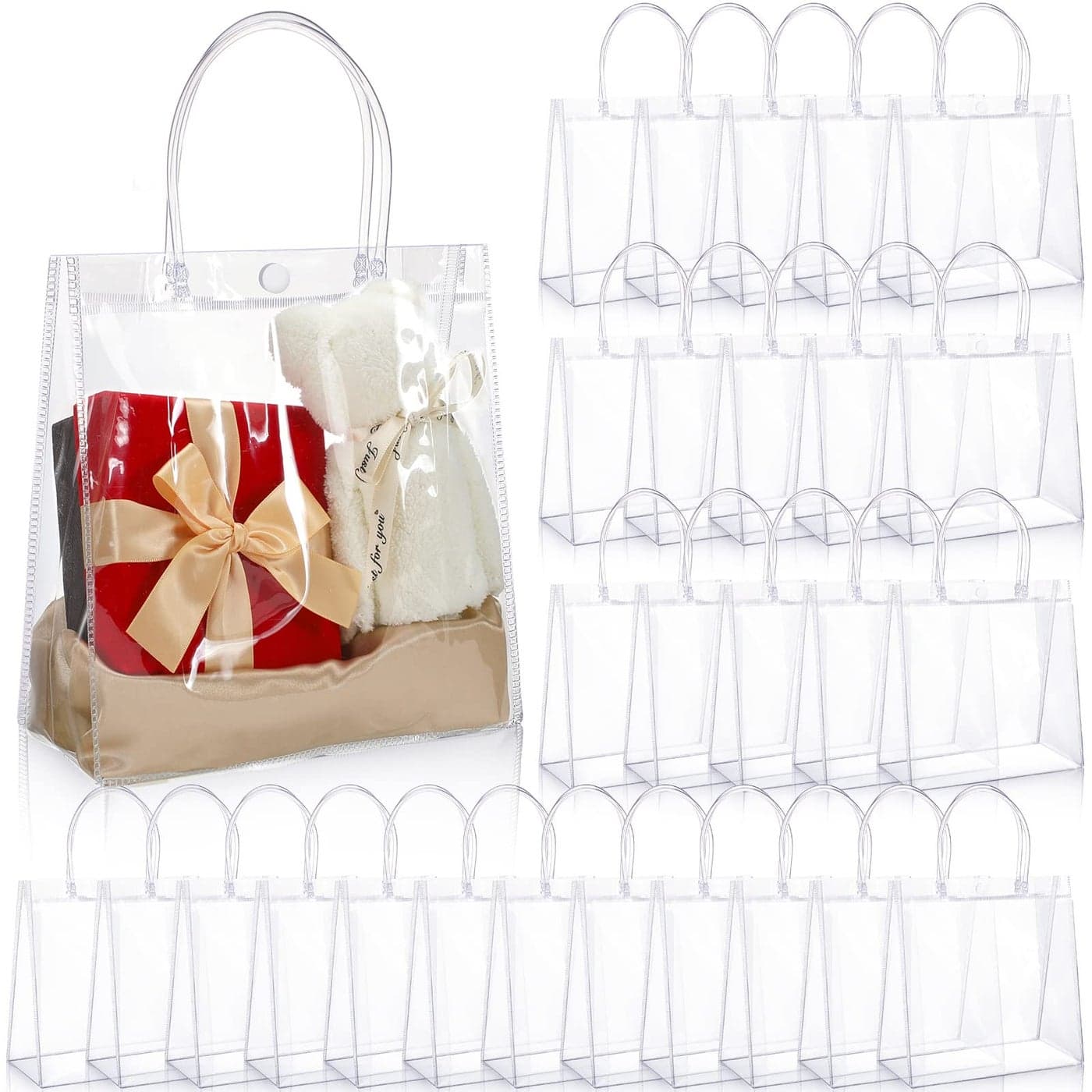 Saintrygo 80 Pcs Clear Plastic Gift Bags with Handles Small Transparent PVC Reusable Tote Gift Bags for Shopping Wedding Favor79 x 79 x 32 Inch