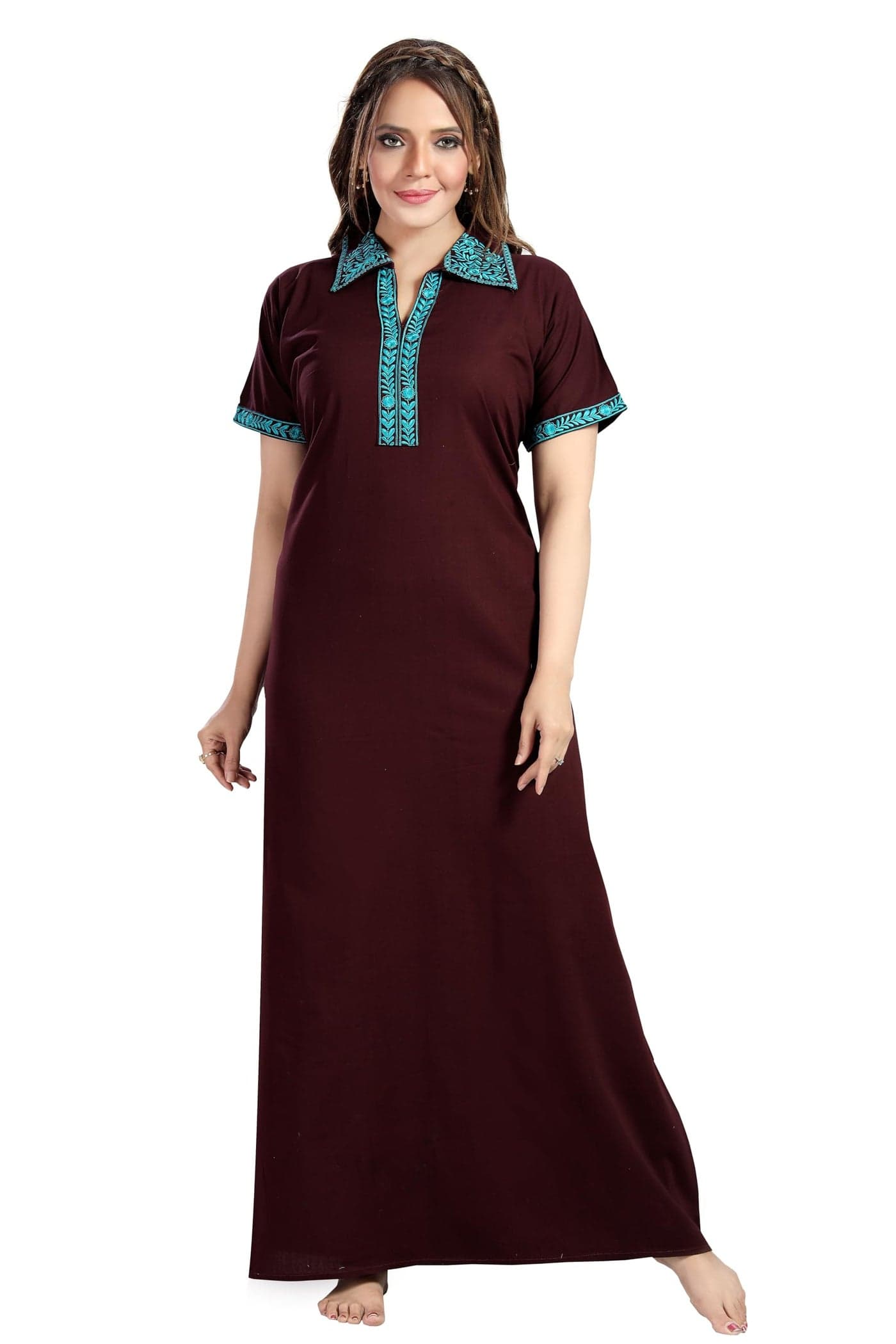 TRUNDZ Women's Embroidered Pure Cotton Nighty (346) Brown