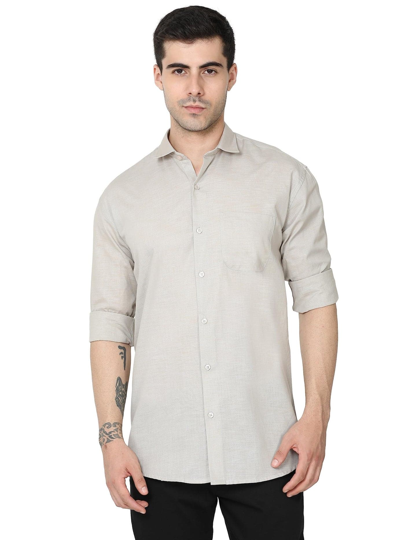 Miraan Men's Linen Cotton Slim Fit Long Sleeve Casual Shirt (SIGLINENGREYL_Grey_Large)