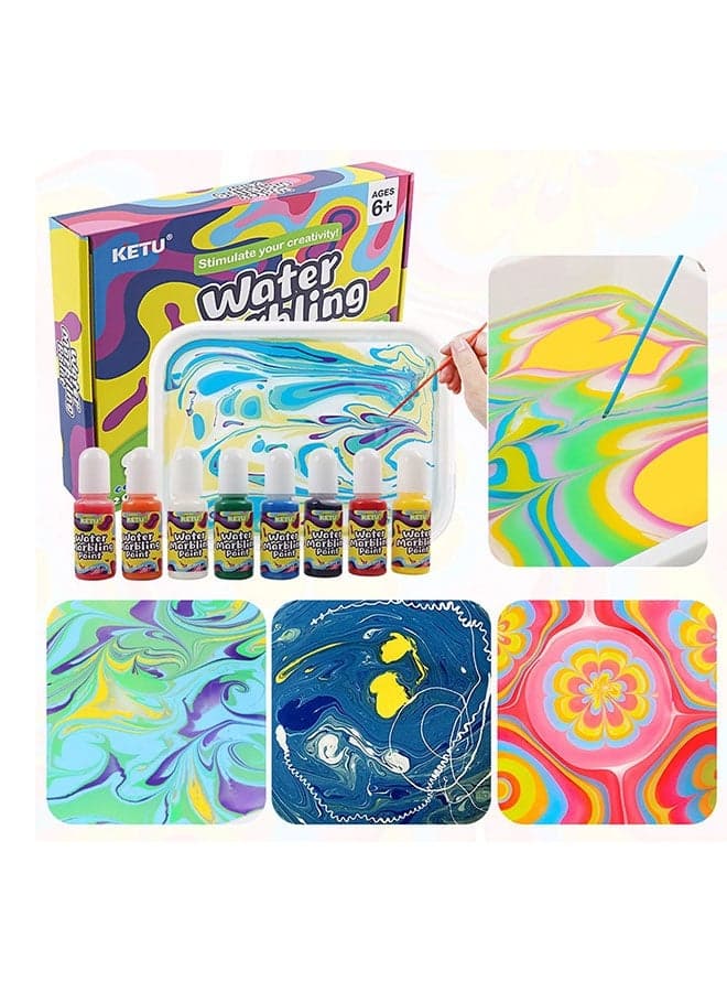 Marbling Paint Arts and Crafts Kits 8 Watercolor Marble Painting Kit with Tray and Water Paper Color Set Craft Drawing Art Games Gift for Kids Girls Boys Diy Supplies (A)