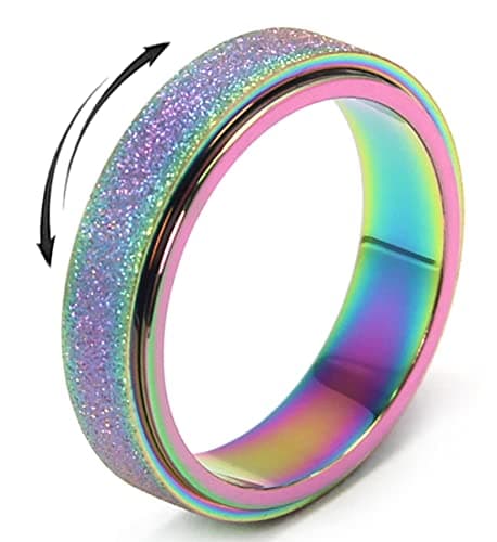 Anxiety Ring for Women Fidget Spinner Rings Fidget Toys Adults Titanium Stainless Steel Thumb Ring 6mm Wide Rainbow Size 10