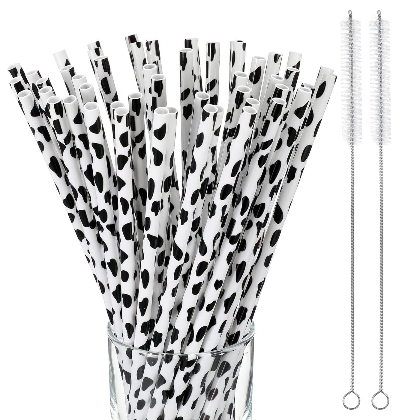 Suclain 26 Pcs Cow Print Plastic Straws Reusable Plastic Farm Cow Party Favor Supplies Black and White Tumbler Animal Straws Bulk with 2 Cleaning Brush for Birthday Baby Shower Juice Decoration