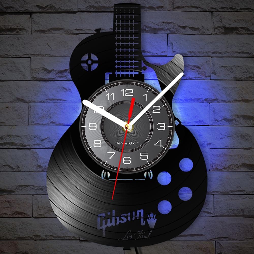 Timethink Acoustic Guitar 12 LED Vinyl Wall Clock 7 Colors Changing with Remote Control Musical Instrument Bedroom Wall Decor Vinyl Record Night Light Wall Clock Rock N Roll Music Gift for Men Cave