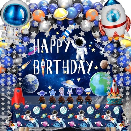 96PCS Outer Space Astronaut Birthday Party Decorations Galaxy Theme Party Supplies with Backdrop Table Cover Star Garland Cake TopperRocket Astronaut Balloons Multicolor Balloons